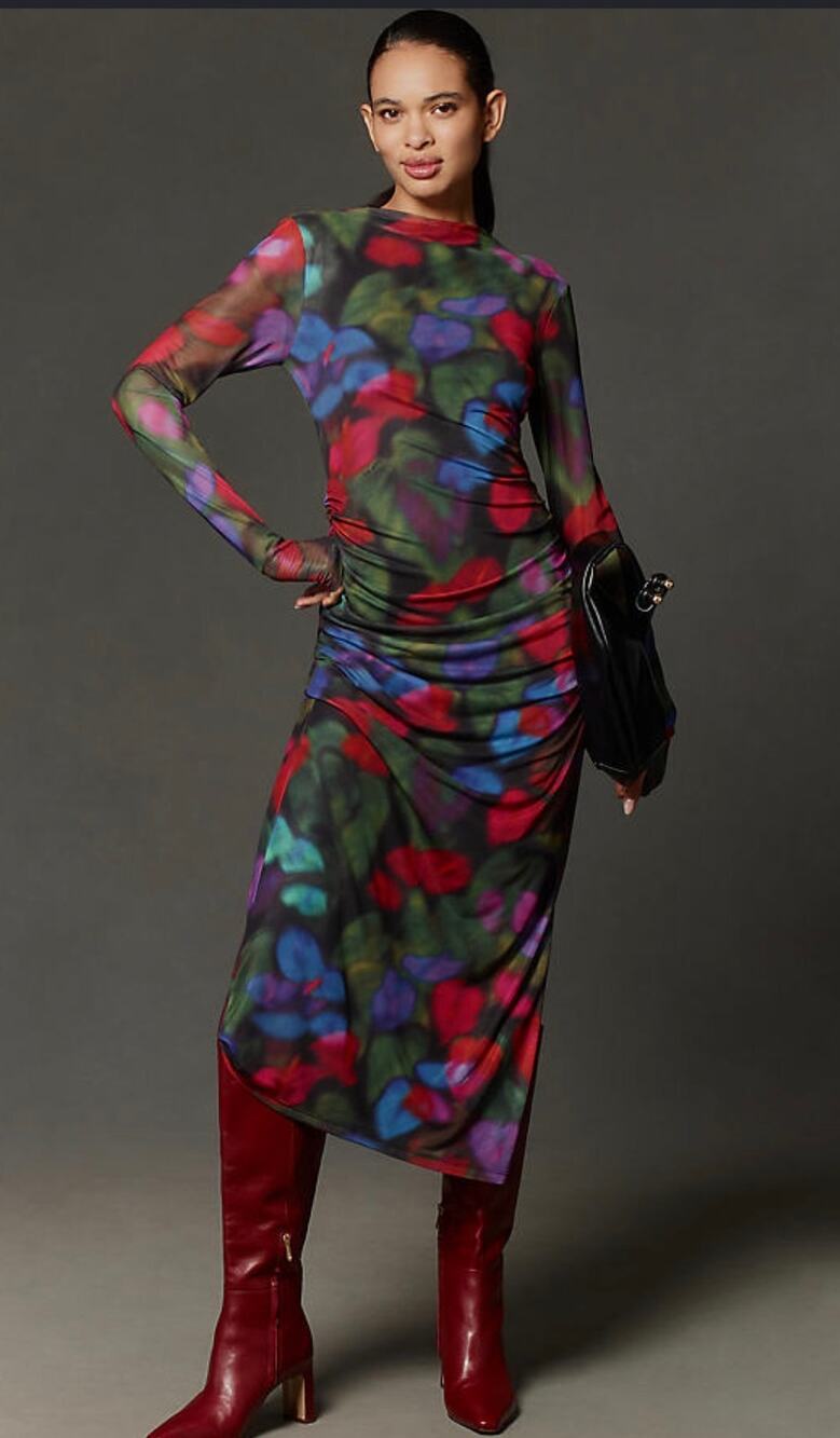 New Farm Rio Long-Sleeve Mock-Neck Mesh Slim Midi dress size medium black motif